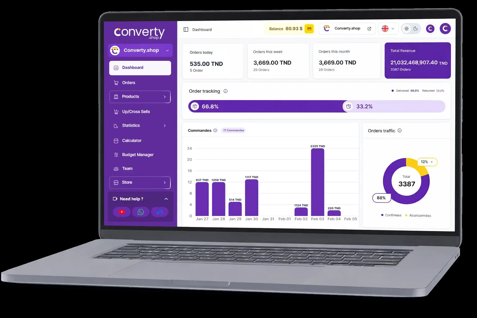 Converty merchant dashboard showing orders and analytics